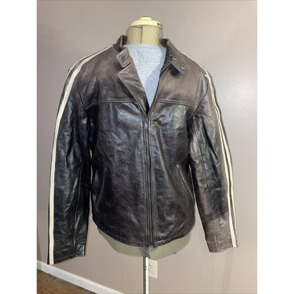 Tommy Hilfiger Mens Racing Motorcycle Leather Jacket Brown Quilted Lined Sz L - Picture 1 of 12